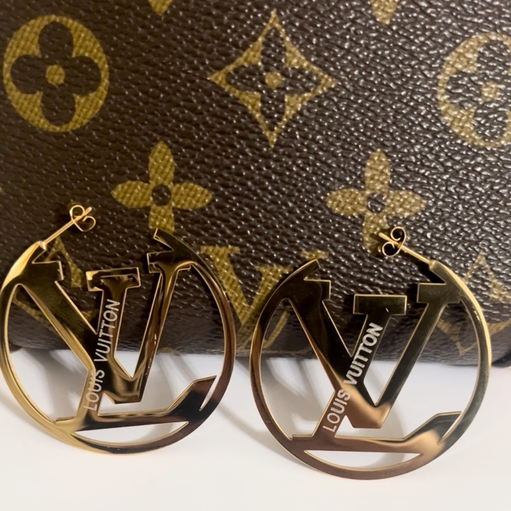 45mm/1.77 inch Gold Initial LV Hoop Earrings 1.77in close 2inch - Picture 2 of 3